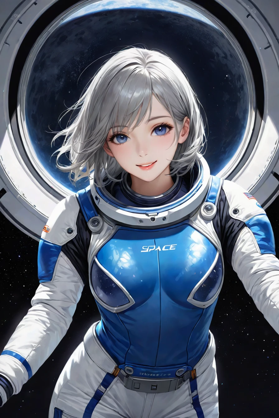 Highest quality, Ultra-high resolution, (realism: 1.4), Depth of written boundary, Beautiful Face, (Pure Eros Face_v1: 0.8), Half Body, | | One person, Mid-chest, (Gray Hair: 1.3), An innocent smile, Natural Makeup, | | | Model pose, | | (Spacesuit: 1.3), (Blue Armor: 1.3), Exquisite design, | | Space Background, performer_(null), moonlight, night, | |
