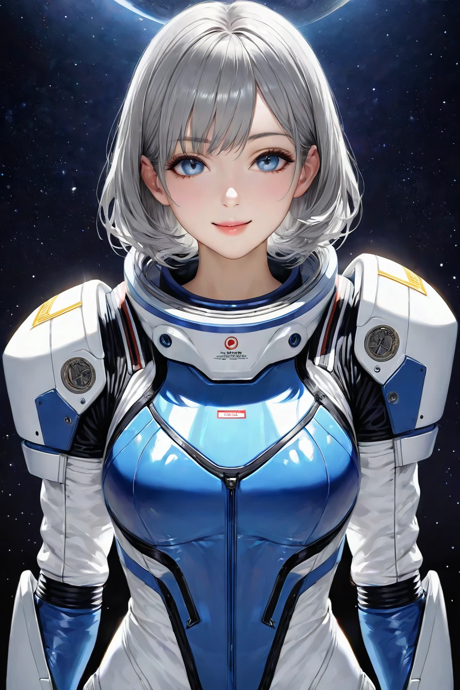 Highest quality, Ultra-high resolution, (realism: 1.4), Depth of written boundary, Beautiful Face, (Pure Eros Face_v1: 0.8), Half Body, | | One person, Mid-chest, (Gray Hair: 1.3), An innocent smile, Natural Makeup, | | | Model pose, | | (Spacesuit: 1.3), (Blue Armor: 1.3), Exquisite design, | | Space Background, performer_(null), moonlight, night, | |