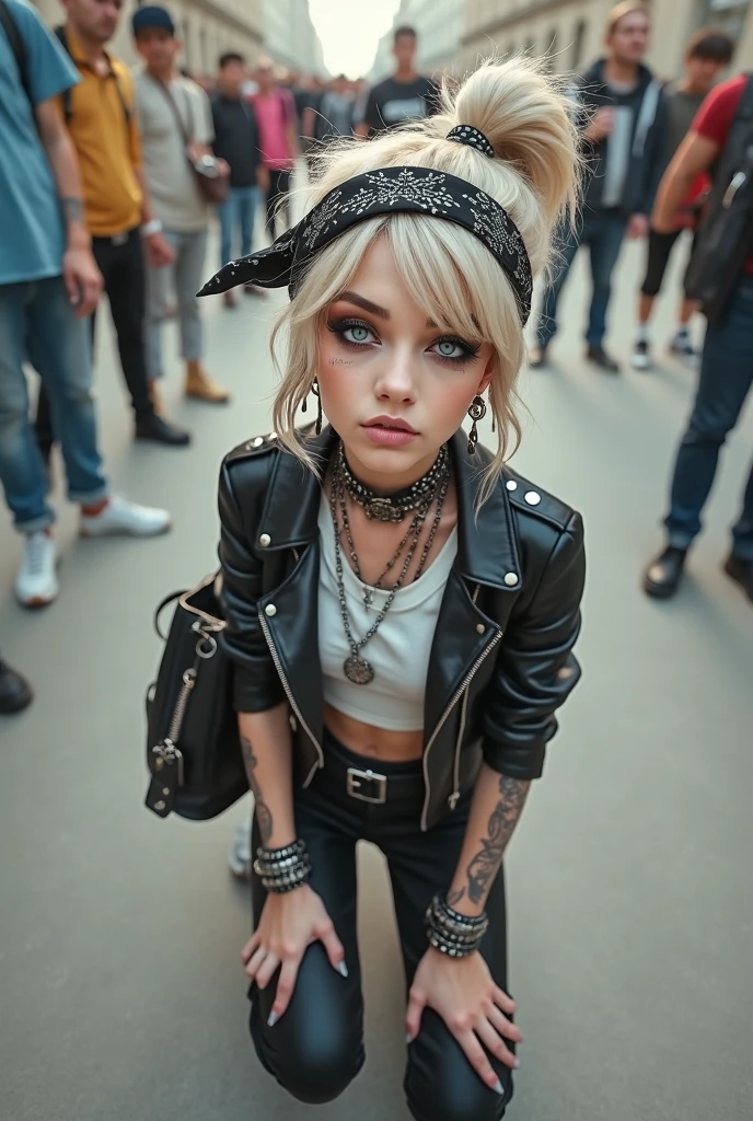 russian milf, platinum blonde hair in top bun , bandana as headband,with very light blue eyes, pale, heavy eye shadows. Sad face, big eyes, smeared make up. Wearing black moto jacket with side zippers cropped metal band t-shirt, black skinny jeans and white tennis sneakers. Lots of metallic braceles and collars. Tattoed. Tacky leather belt with oversized buckle. Wide loop earrings. Scared face. Sitting on the ground. Curious people around. Huge studded black leather tote bag