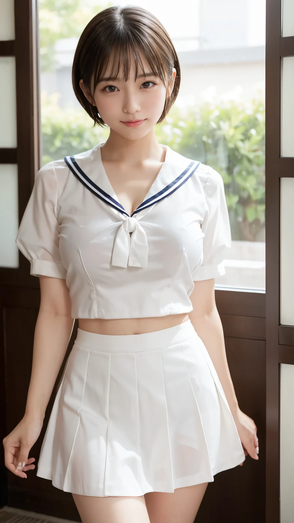 A middle-aged woman with a cute short haircut, wearing a short white sailor uniform with short sleeves, her navel is exposed.