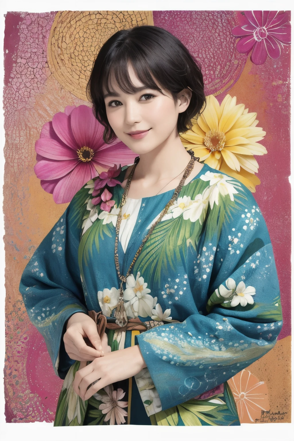 273 (20-year-old woman,short hair), (beautiful:1.2), (Fractal Art:1.1), (flower:1.3), whole body, (Abstract background:1.3), (Many colors:1.4), (Old-fashioned smile), (Hawaii), (Wave:1.1)