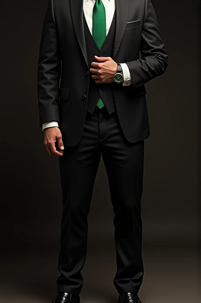 A man, in a white shirt, emerald green tie, black vest, black blazer, black suit pants, leather shoes, green rolex watch, only his body