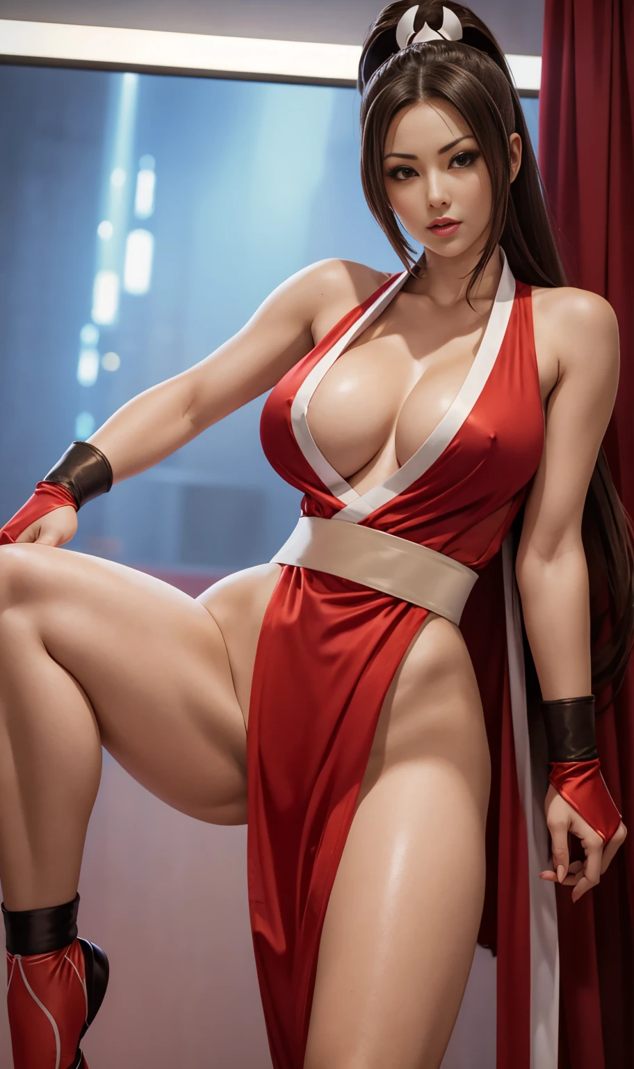 Mai Shiranui beautiful sexy full body, huge breasts and huge hips small waist very voluptuous her red suit with white very close to the screen, background of lights