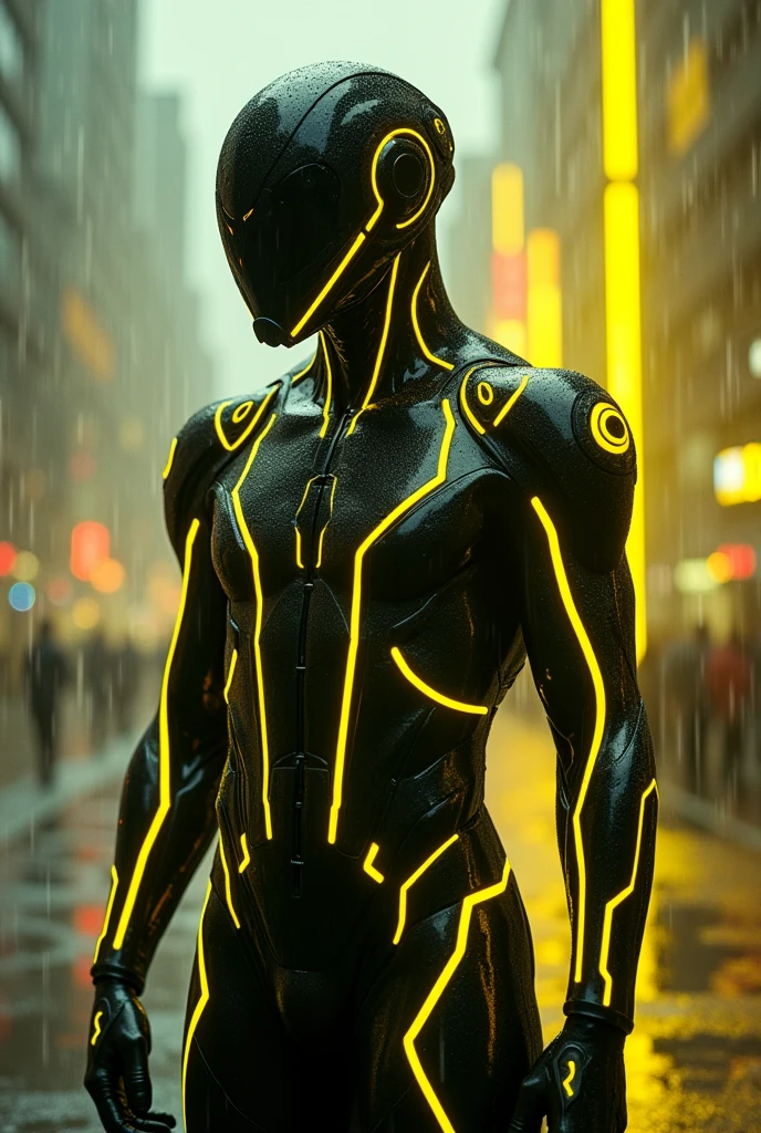 Create C.L.U. From Tron legacy in a rainy yellow neon cyberpunk background make them a white male make him more like C.L.U. From Tron legacy more like tron more like C.L.U. With yellow neon make the character like C.L.U. From Tron legacy make him in a futuristic orange neon suit make him a full body Tron suit make the suit black with yellow neon stripes make it more epic give him a helmet from Tron legacy make it a full face helmet covering the face