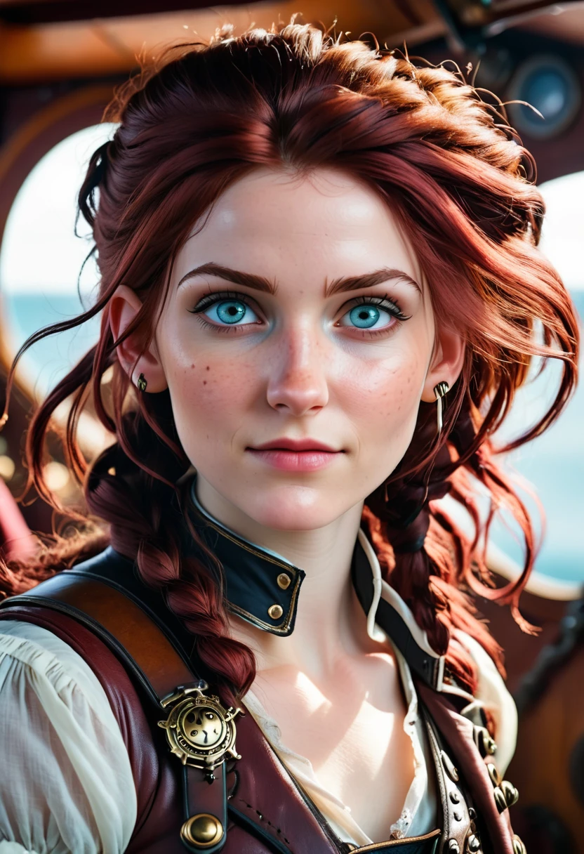 (editorial photography of Tifa Lockhart), (highly detailed face:1.4), no close-up, (smile:0.4), (background inside dark, moody, private:1.3), steampunk pirate's airship, nikon d850, stock photography, kodak portra 400 film ,camera f1.6 lens, bokeh, analog style, rich colors, hyper realistic, lifelike texture, dramatic lighting, cinestill 800, messy hair, serious, (freckles:0.4), pale skin, cute sexy