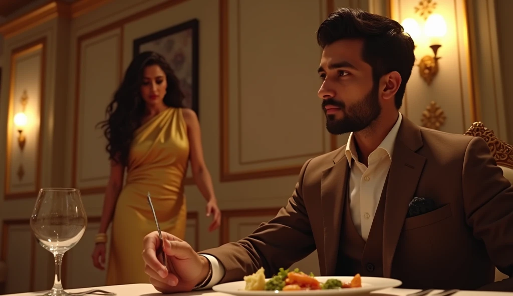 An Indian businessman who is 24 years old is eating food in an Indian luxury restaurant. He is wearing a brown 3 piece suit and he is very handsome and he is eating alone at a table. Dinner  And the one wearing the golden frock, whose name is Shreya, suddenly gets up from that table and walks away sadly. 