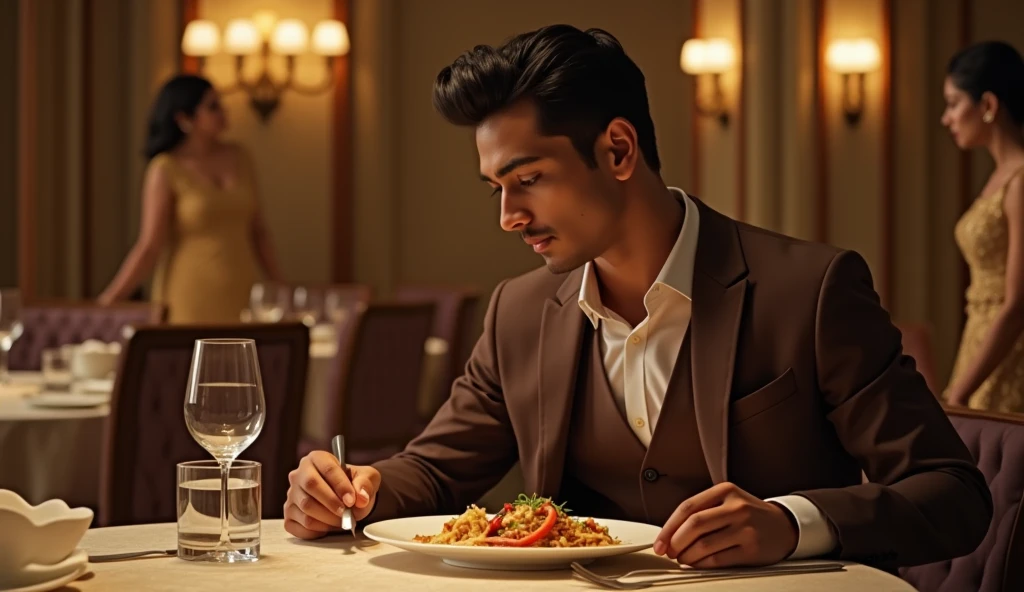 An Indian businessman who is 24 years old is eating food in an Indian luxury restaurant. He is wearing a brown 3 piece suit and he is very handsome and he is eating alone at a table. Dinner  And the one wearing the golden frock, whose name is Shreya, suddenly gets up from that table and walks away sadly. 