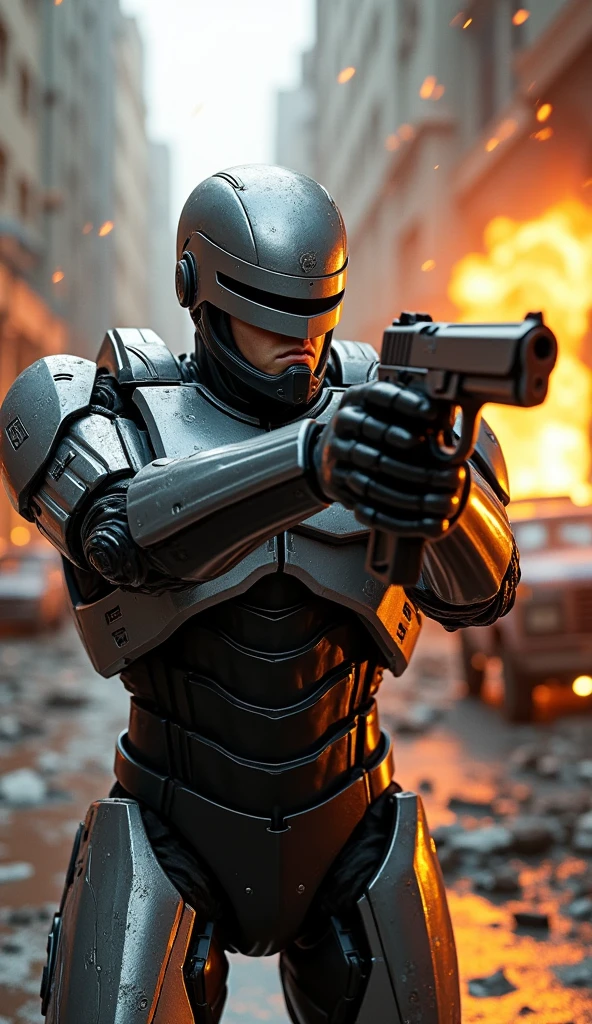 RoboCop in action, aiming his Auto-9 pistol with precision, his armor reflecting the sparks of a nearby explosion, the background a chaotic urban battlefield with debris and damaged vehicles, the atmosphere tense and full of energy, digital art with dynamic lighting and realistic textures, capturing the essence of the action-packed scene,