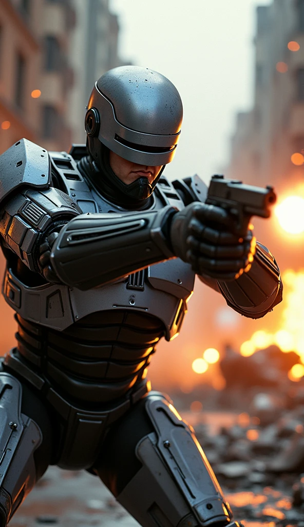 RoboCop in action, aiming his Auto-9 pistol with precision, his armor reflecting the sparks of a nearby explosion, the background a chaotic urban battlefield with debris and damaged vehicles, the atmosphere tense and full of energy, digital art with dynamic lighting and realistic textures, capturing the essence of the action-packed scene,