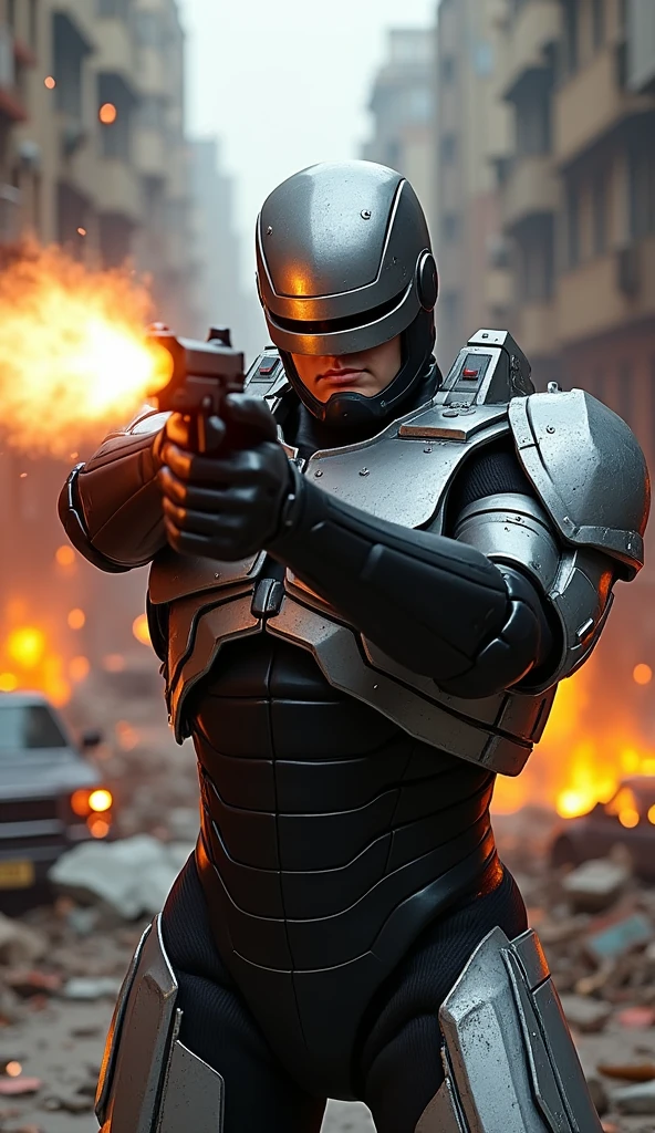RoboCop in action, aiming his Auto-9 pistol with precision, his armor reflecting the sparks of a nearby explosion, the background a chaotic urban battlefield with debris and damaged vehicles, the atmosphere tense and full of energy, digital art with dynamic lighting and realistic textures, capturing the essence of the action-packed scene,