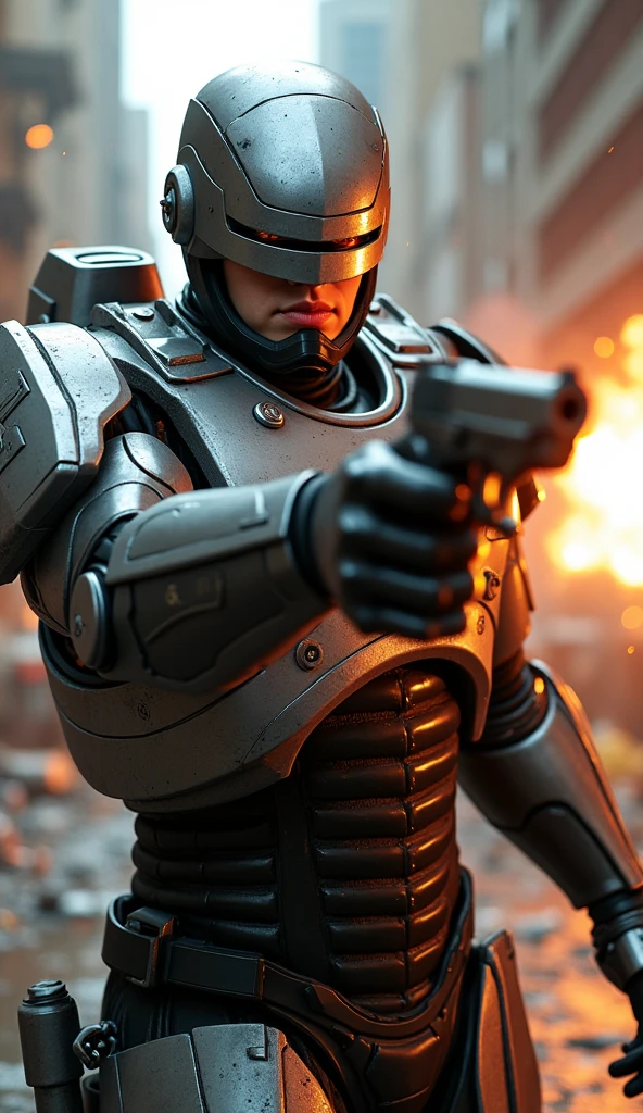 RoboCop in action, aiming his Auto-9 pistol with precision, his armor reflecting the sparks of a nearby explosion, the background a chaotic urban battlefield with debris and damaged vehicles, the atmosphere tense and full of energy, digital art with dynamic lighting and realistic textures, capturing the essence of the action-packed scene,