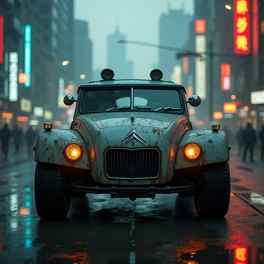 Cyberpunk Citroen Vintage Armored Wagon、Shallow depth of field、(masterpiece:1.3) (最high quality:1.2) (high quality:1.1)、Cinematic Light, ((Cinema Lighting),(Natural light),(High level of artistry),(artistic),(Indistinguishable quality from the real thing),RAW Photos,Genuine,Genuine,High resolution,RAW Photos,masterpiece, beautiful,