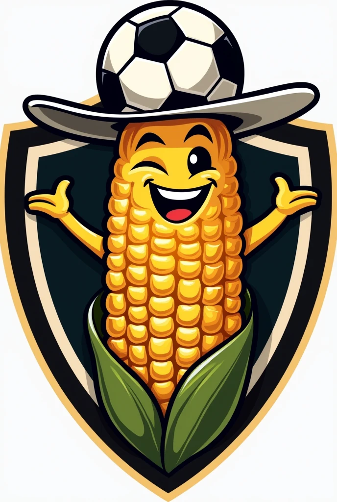 I want a football mascot, for a shield that is design style, Let it be an ear of corn with a white hat and a soccer ball at the top..