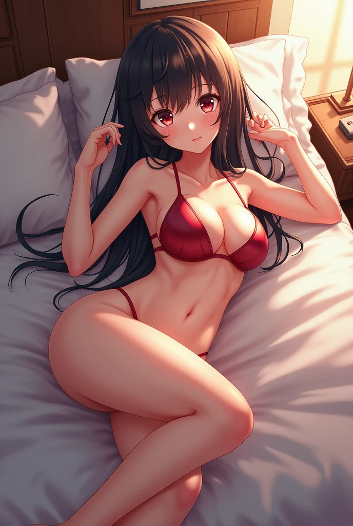 An anime girl in a bed with a sexy position 