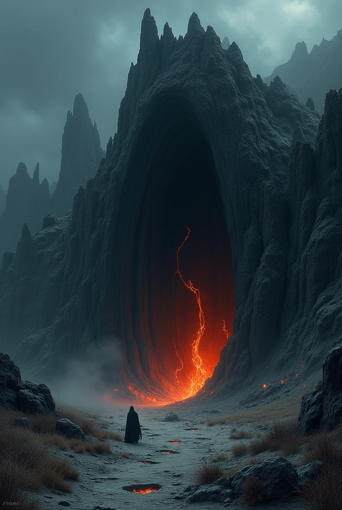 The Demon Lord's Cave, landscape, Dark Age, black fire around the cave