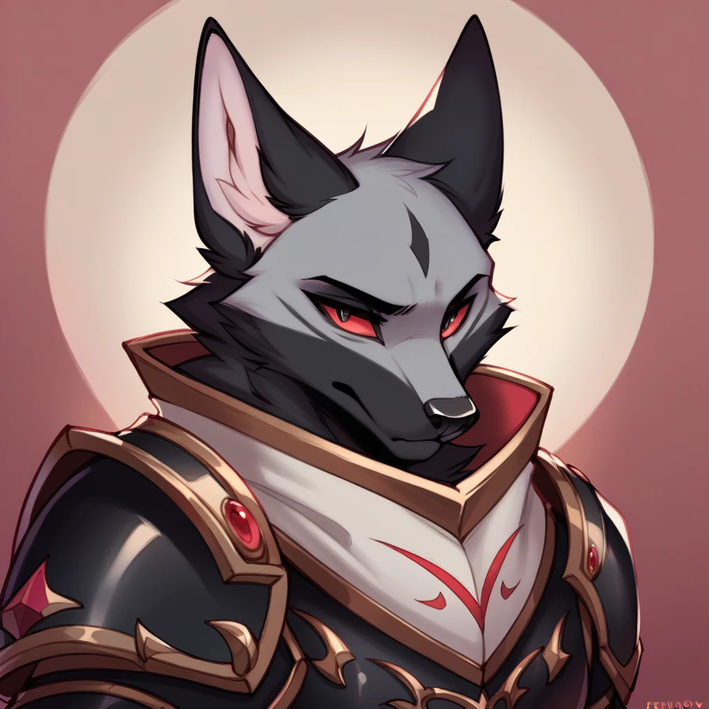foxboy83, score_9, score_8_up, score_7_up, score_6_up, Evil fox with ebony black fur and fuchsia eyes in demonic armor Waiting to start