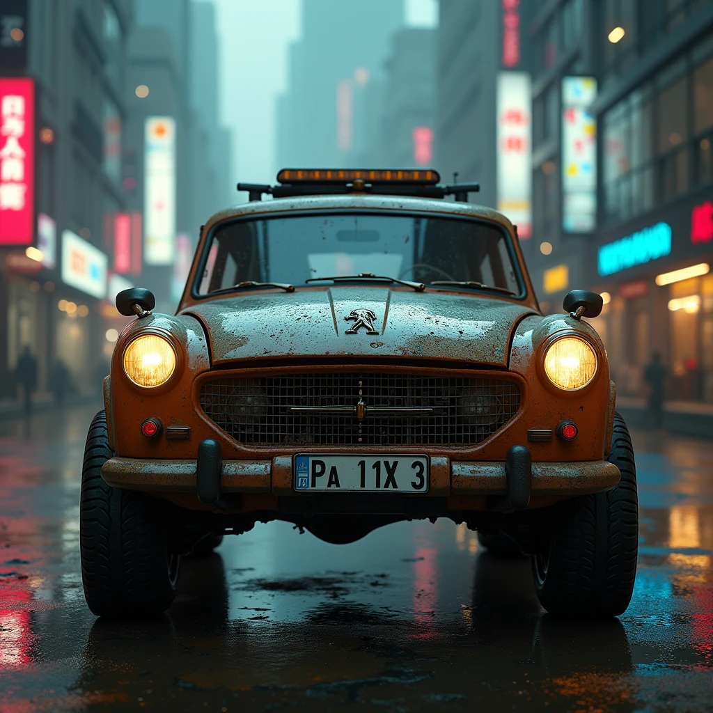 Cyberpunk Peugeot vintage armored wagon、Shallow depth of field、(masterpiece:1.3) (最high quality:1.2) (high quality:1.1)、Cinematic Light, ((Cinema Lighting),(Natural light),(High level of artistry),(artistic),(Indistinguishable quality from the real thing),RAW Photos,Genuine,Genuine,High resolution,RAW Photos,masterpiece, beautiful,