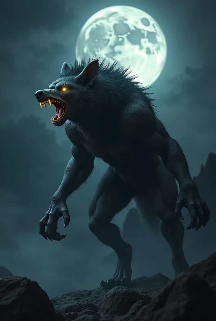a furious werewolf,fierce werewolf,werewolf howling at the moon,detailed 3d render of a werewolf,claws and fangs,glowing yellow eyes,aggressive werewolf,muscular werewolf body,realistic werewolf fur texture,cinematic lighting,dramatic shadows,dark moody atmosphere,(best quality,4k,8k,highres,masterpiece:1.2),ultra-detailed,(realistic,photorealistic,photo-realistic:1.37)