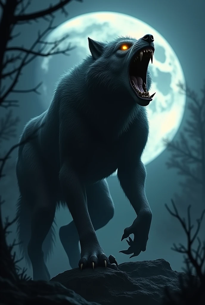 a furious werewolf,fierce werewolf,werewolf howling at the moon,detailed 3d render of a werewolf,claws and fangs,glowing yellow eyes,aggressive werewolf,muscular werewolf body,realistic werewolf fur texture,cinematic lighting,dramatic shadows,dark moody atmosphere,(best quality,4k,8k,highres,masterpiece:1.2),ultra-detailed,(realistic,photorealistic,photo-realistic:1.37)