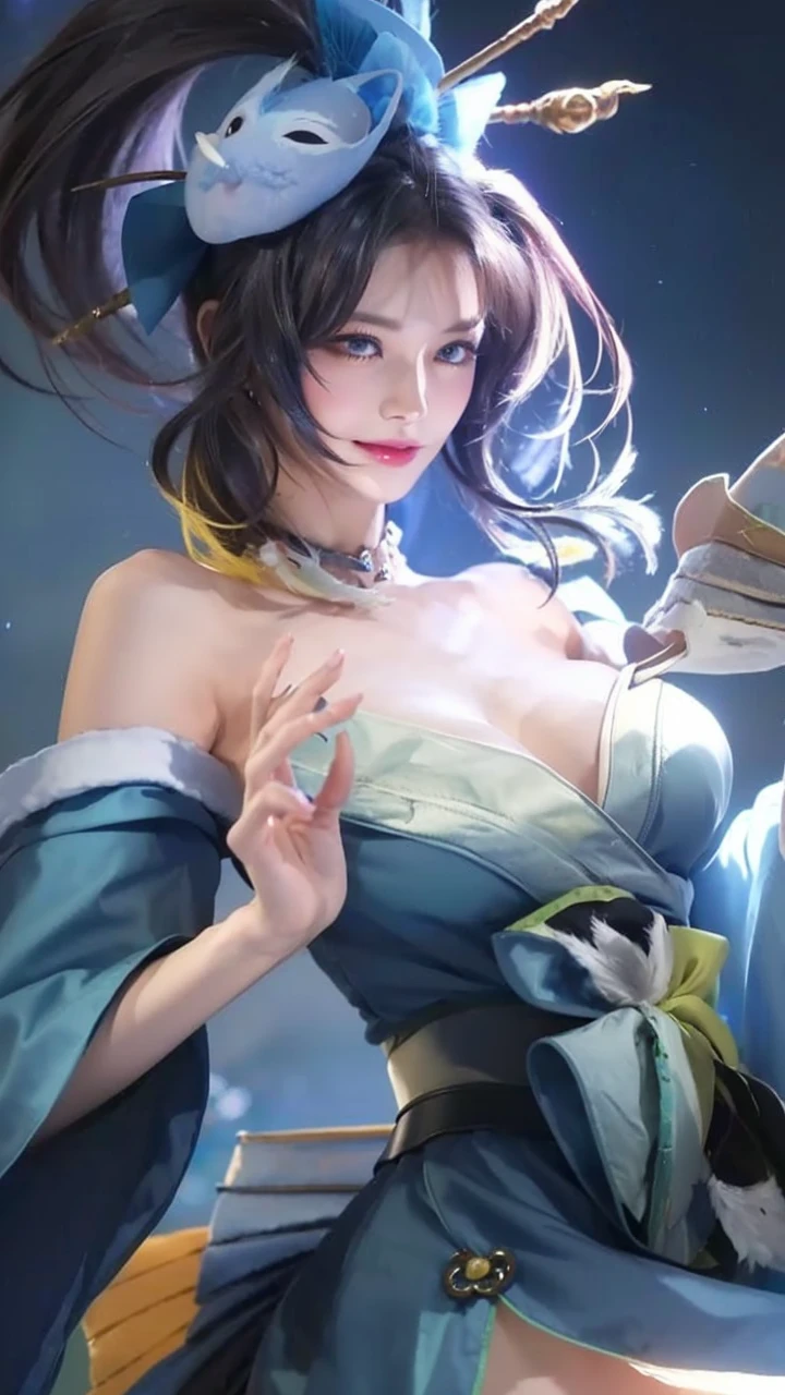 (extra detailed body、extra detailed face、best qualtiy:1.2)、realistic femele、looking at the viewers、(shoulder length wavy hair, swept bangs, Long sideburns, Yellow and yellow-green gradient hair color, asymmetrical haircut, a happy smile with theeth, red plum lips and smoky eyes, 23years, Piercing of bird feathers up to the shoulder、Colorful fluffy clothes, see-through cropped jacket, chocker, hyper resolution