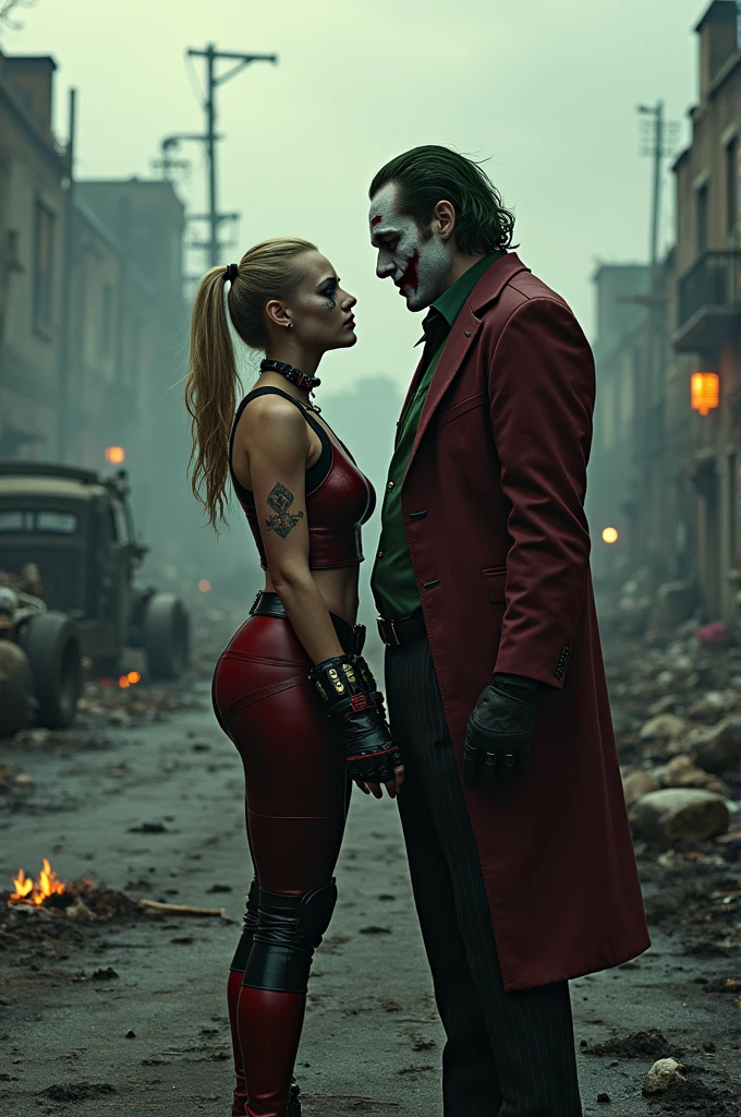 Harley Quinn with the Joker, scorched, realisitic