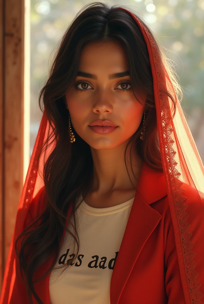 "Create an image of an Indian girl who is considered the most beautiful in the world. Her eyes should be similar to those of Shraddha Kapoor—captivating and expressive. Her skin should be as radiant as Mahendra Singh Dhoni's—clear and glowing. She should be wearing a light-colored t-shirt with 'Das AAD' written on it, and a stylish red coat over it. Instead of pants, she should wear an elegant and beautiful odhni that complements her outfit. The image should cover her from head to toe, showing her complete beauty and style. She should be depicted as a devoted disciple of Sant Rampal Ji Maharaj, with an aura of honesty and Indian grace."