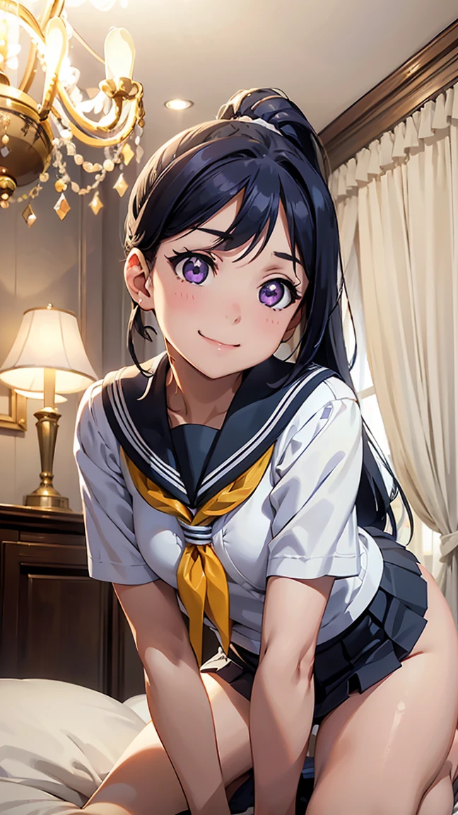 kanan matsuura, blue hair, long hair, ponytail, (purple eyes:1.1), sidelocks,aqua neckerchief, grey sailor collar, grey skirt, miniskirt, neckerchief, pleated skirt, sailor collar, sailor shirt, school uniform, serafuku, shirt, skirt, summer uniform, uranohoshi school uniform, white shirt,--- --Rear view, woman turned away from you, on all fours, thin figure, slender girl 1, (((sleepy expression))), (((dozing))) , , --- --Pure white panties are visible, (from below: 1.2), --- --Beautiful pure white lace bra, (((Show me your beautiful pure white lace lingerie))). ((Pure white and beautiful panties)), pure white and beautiful stockings, ---(8K, Raw, Highest Quality, Real 1.2), Ultra High Quality, High Resolution, Highest Quality, Perfect Face, Perfect Limbs, Perfect Fingers, High Resolution, (Beautiful Anime Face, Cute Face, Detailed Face), Joyful Smile, Smiling Expression, Lying on Bed, Cowboy Shot, Miniature Human Hand, (((medium Bust 1.3))), (((Slender Thighs 1.3))), Pure White Chalk Interior, Pure White Marble Interior, ((Pure White Bedroom Like a Western Castle: 1.5)), ((Luxurious Pure White Canopy Bed: 1.4)), (((Chandelier: 1.4))), ((Pure white bed 1.5)), ((Beautifully decorated bedroom 1.5)), ((Modern style bedroom 1.5)), Perfect anatomy, Perfect proportions, Nice lighting, Bright colors, Clean lines, Information, Blurred, Stunning facial expression, Restless emotions, Gorgeous and pretty, Beautiful face and eyes with every detail, (Masterpiece) Beautiful face, Young and handsome girl, Really perfect skin, Blurred, Stunning facial expression, Restless emotions, Gorgeous and pretty, Beautiful face and eyes with every detail, (Audrey Hepburn), (Cute), (J-POP idol), (Thighs, (Depth of field), (Depth of field), Soft light, Sparkling lens gaze, (Droopy eyes), Straight teeth, Shy smile, Flowing hair, A scene from Blake's movie,,