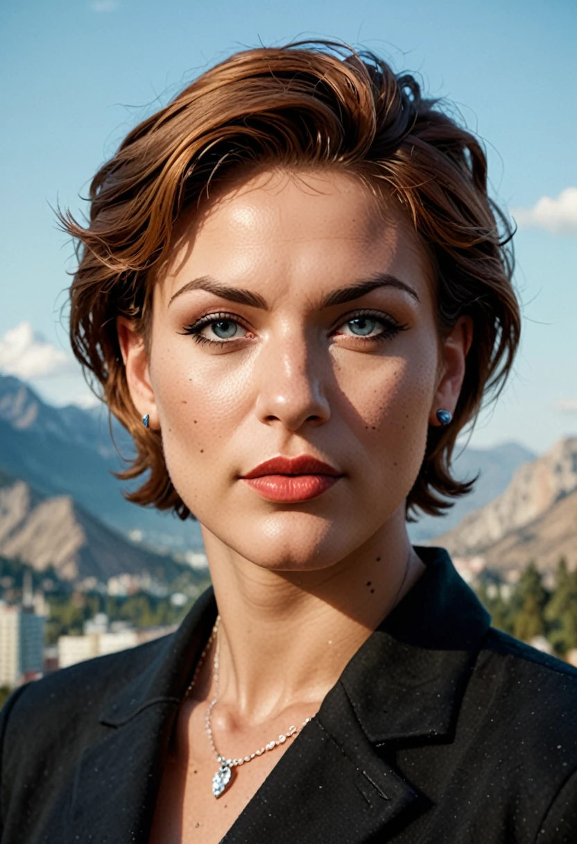 Create an image of a humanized mountain cougar, in the style of Miami Vice animation, on a background featuring a penthouse on the barren mountain
