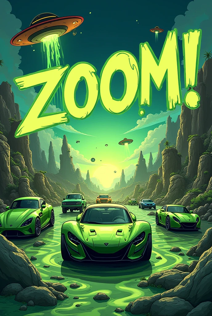 track cover art with word "zoom!
zaniel" inside, the background is green cars, green slime and UFO 

