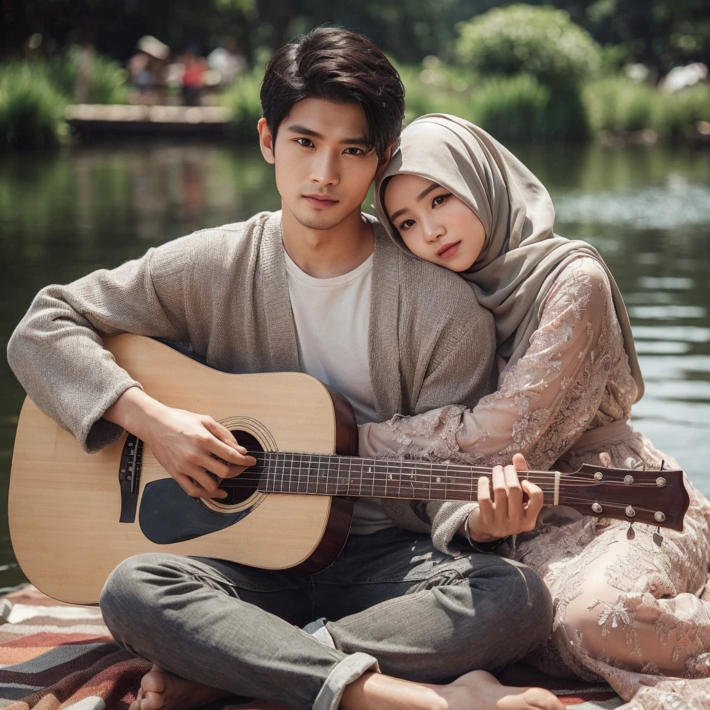 Generate img
TYPE : Dokumenter Photography
THEME : Nature
RACE : Indonesian
PERSON 1 : Early 25s, husband
PERSON 2 : Early 20s, wife hijab
SCENE : husband and wife couple are sitting in front of a green rice field hut, enjoying the beautiful natural view of the forest in the cool morning with a little morning mist , create an atmosphere full of love , close up , looking at camera , hug each other
PROPS: huts and green rice fields, streams and forests
CAMERA : photographed using an Canon eos 90d DSLR camera with 18-135mm lens
, best preset lighting , skin texture , detailed face ,
ANGLE : angled from sky ,High Dynamic Range (HDR) shot , rule of third
adjust the gesture as in the example image