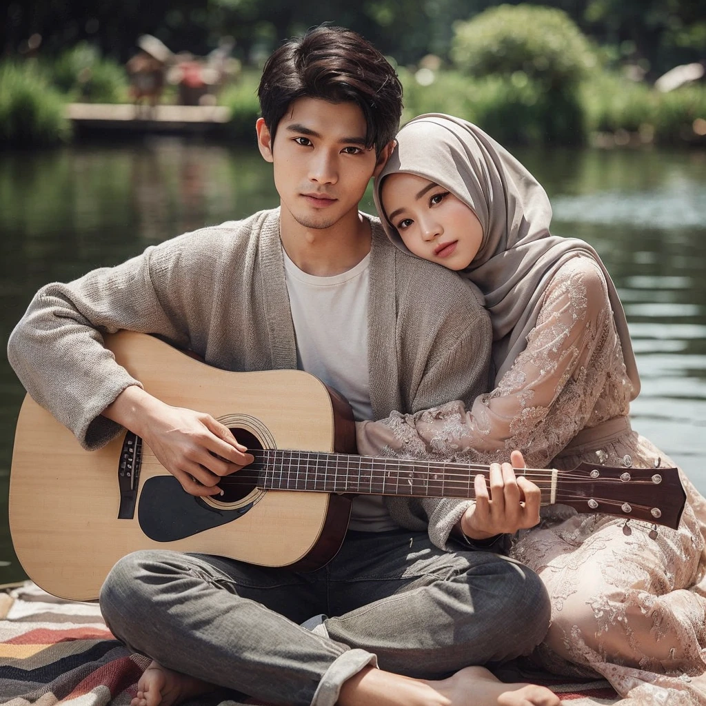 Generate img
TYPE : Dokumenter Photography
THEME : Nature
RACE : Indonesian
PERSON 1 : Early 25s, husband
PERSON 2 : Early 20s, wife hijab
SCENE : husband and wife couple are sitting in front of a green rice field hut, enjoying the beautiful natural view of the forest in the cool morning with a little morning mist , create an atmosphere full of love , close up , looking at camera , hug each other
PROPS: huts and green rice fields, streams and forests
CAMERA : photographed using an Canon eos 90d DSLR camera with 18-135mm lens
, best preset lighting , skin texture , detailed face ,
ANGLE : angled from sky ,High Dynamic Range (HDR) shot , rule of third
adjust the gesture as in the example image