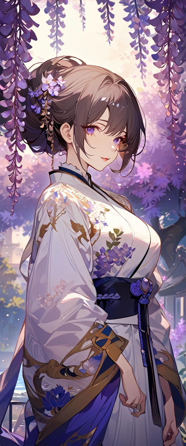 wisteria flower, wisteria tree, wisteria background, 8k ,4k , best quality, high quality, masterpiece, embroidery  clothes, big chest, all kind of hairstyle, inspired by Asukaziye artist : ask, art style : ask