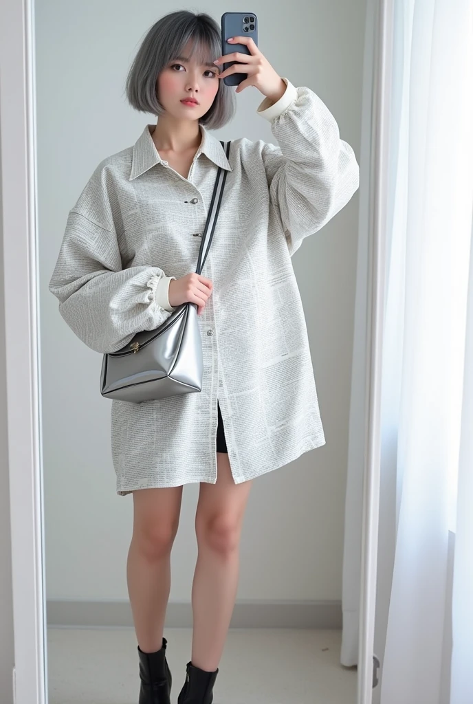 highly detailed, beautiful, hyper Realistic girl, masterpiece, best quality, Japanese sexy gravure woman, 28 years old, identity hidden, takes a selfie in her room using a smartphone in front of a mirror with one hand, fashion model Posing, looking away from the camera, /// gray short hair, light color eyes, Realistic skin, Detailed face, /// Design a futuristic fall fashion ensemble centered on white, keeping in line with minimalist aesthetics. (wearing a All News Paper Print Big nylon Shirt, over sized, Monotone color). Complete the look with black ankle boots that have a metallic finish and a translucent, geometric silver bag. The overall vibe should exude a sleek, forward-thinking style that seamlessly blends modern minimalism with a touch of the future, /// Monotone simple modern taste single room, mirror, complicated background,