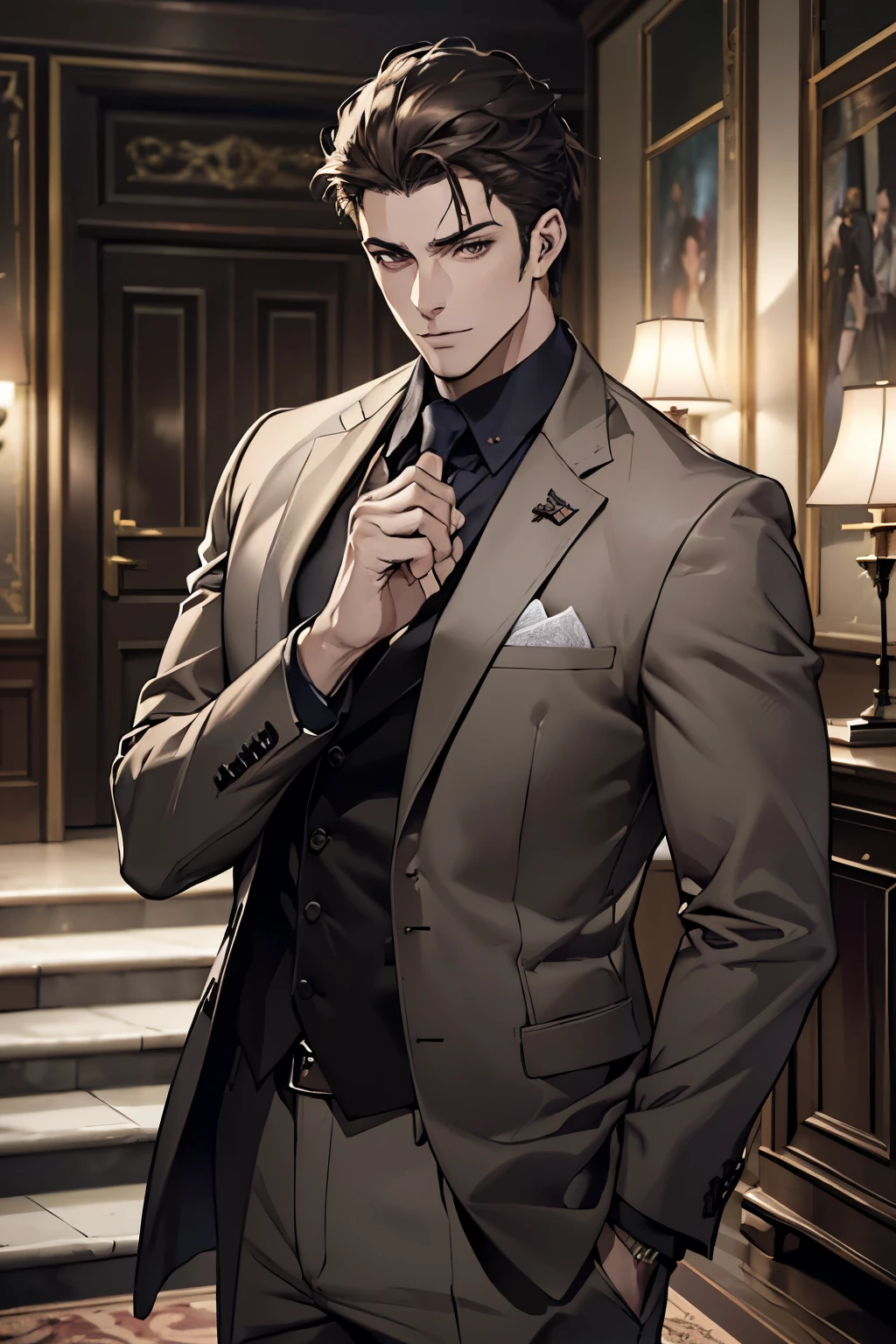 A handsome man in a brown gray suit, a bodyguard in dark clothes, two people walked up the stairs of the villa to the living room, perfect face, perfect hands, (best quality, 4k, 8k, highres, masterpiece:1.2), ultra-detailed, (realistic, photorealistic, photo-realistic:1.37), HDR, UHD, studio lighting, ultra-fine painting, sharp focus, physically-based rendering, extreme detail description, professional, vivid colors, bokeh, (portraiture)