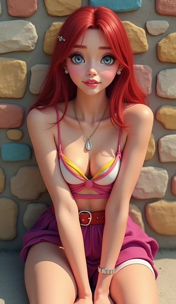 Large woman, front view, sitting with knees raised and legs bent, downward view, multicolored stone wall, red and white medium straight hair, thin eyebrows, narrow eyes, eyeshadow, blue eyes, light pink lipstick, light makeup, pink and yellow camisole, necklace, magenta mini skirt with thick red belt, hairpin, detailed beautiful face, sparkling eyes, white panties, looking up at the viewer, adorable, colorful depiction, healthy, strong sunlight, 8K, beautiful and nostalgic village scene, wonderful smile,