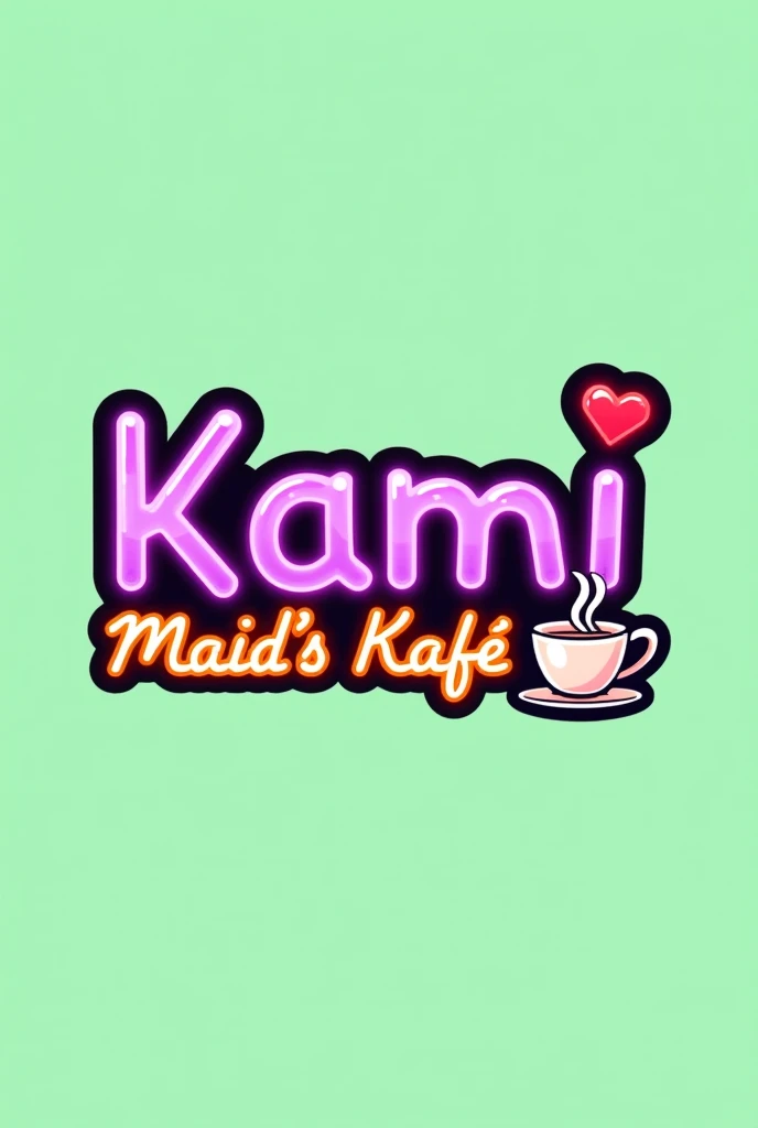 word (KamI MaId's Kafé), para un logotIpo con letras grandes que tengan un contorno ????? y un estIlo neón tIpo anIme, (The word KamI que sea de color morado y que la letra (I) have the point in the shape of a red heart), (The word (MaId's Kafé) que se de color naranja y tenga una fuente de letra cursIva) con un dIbujo de una taza de café al fInal, with a completely flat pastel green background