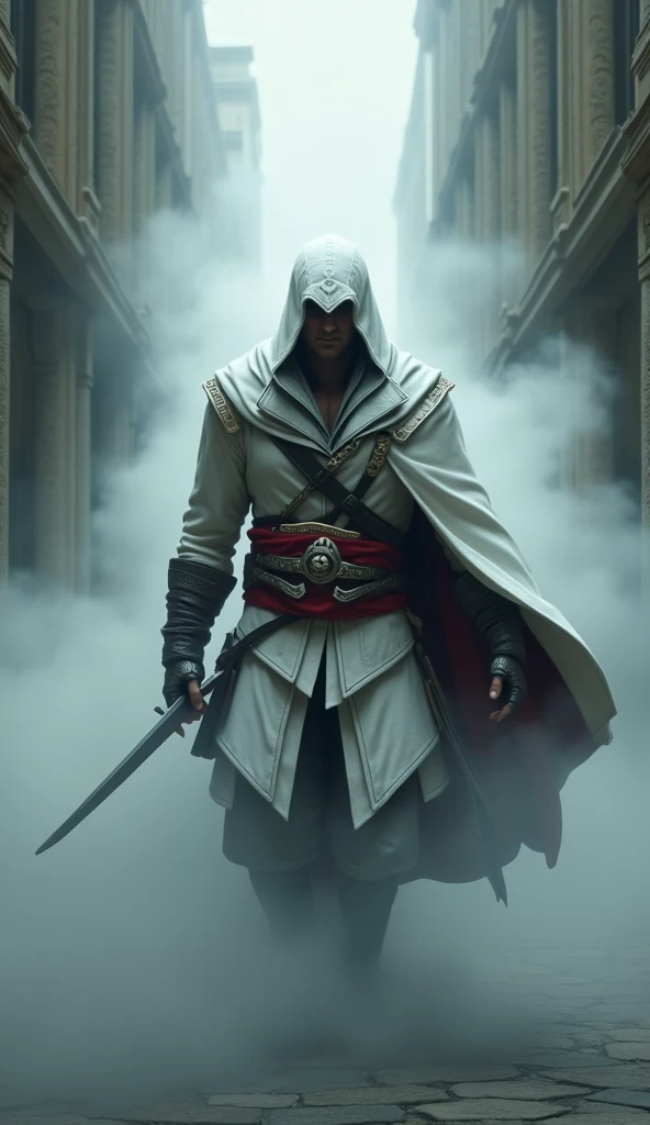 Ezio Auditore emerging from a thick fog, IN FRONT OF THE CAMERA:1.4, Un Very detailed, Cinematic illustration of an assassin from the Assassin's Creed universe:1.4, He wears a striking white hooded cloak and a hidden blade, Facing a temperamental, atmospheric background, dramatic lighting, intricate and ornate architecture, photorealistic, Digital art, conceptual art stylequality\(8k,extremely detailed CG unit wallpaper, masterpiece,High resolution,top-quality,top-quality real texture skin,hyperrealistic,increase resolution,RAW Photos,The best quality,Very detailed,The wallpaper, cinematic lighting,ray trace,golden ratio\), BREAK