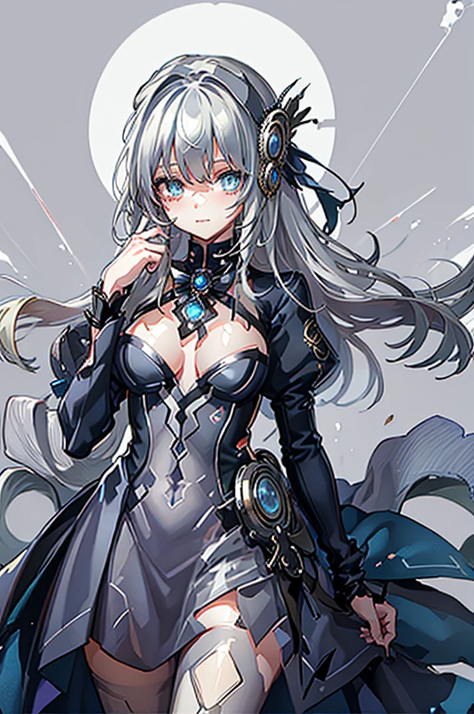 (masterpiece_portrait),(bishoujo),(pixiv),(Steampunk),(10s-anime-aesthetic),(brush),(female_focus),(cowboy_shot),(looking_at_viewer),convention,(1girls),maid,curvy,White_skin,sharp_face,long_hair,(White_hair),pointy_hair,hair_between_eyes,blue_eyes,glowing_pupils,star-shaped_pupils,medium_breasts,standing,Happy_face,Closed_mouth,(reaching_out),White_negligee
