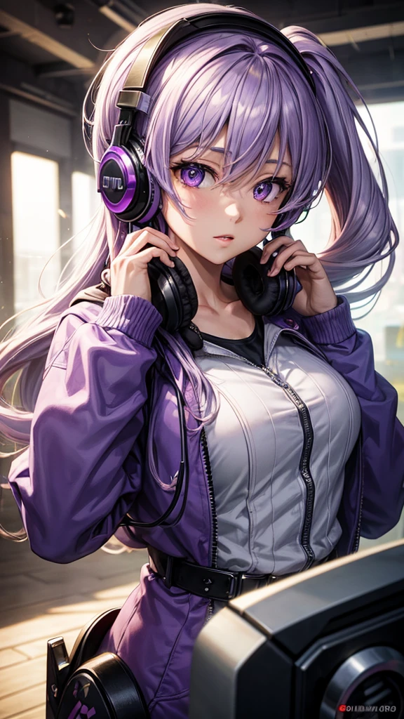 Solo, anime, masterpiece, best quality, high resolution, closeup portrait, a female, light purple hair, gamer, headphones, amazing composition, front view, HDR, ultra quality, cool, highly detailed, gamer girl