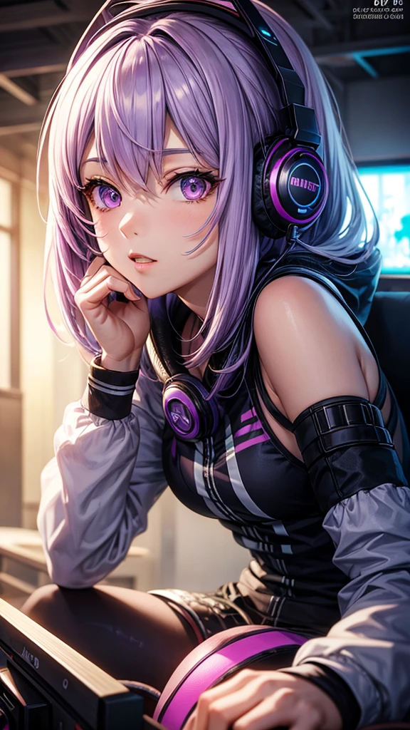 Solo, anime, masterpiece, best quality, high resolution, closeup portrait, a female, light purple hair, gamer, headphones, amazing composition, front view, HDR, ultra quality, cool, highly detailed, gamer girl