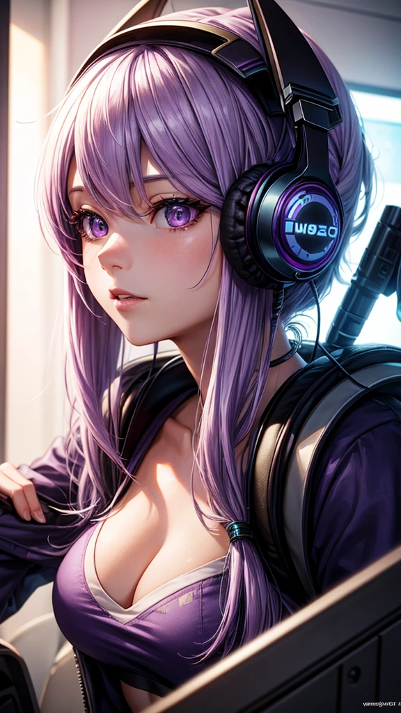 Solo, anime, masterpiece, best quality, high resolution, closeup portrait, a female, light purple hair, gamer, headphones, amazing composition, front view, HDR, ultra quality, cool, highly detailed, gamer girl