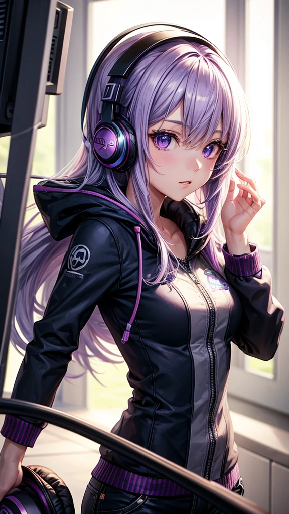 Solo, anime, masterpiece, best quality, high resolution, closeup portrait, a female, light purple hair, gamer, headphones, amazing composition, front view, HDR, ultra quality, cool, highly detailed, gamer girl