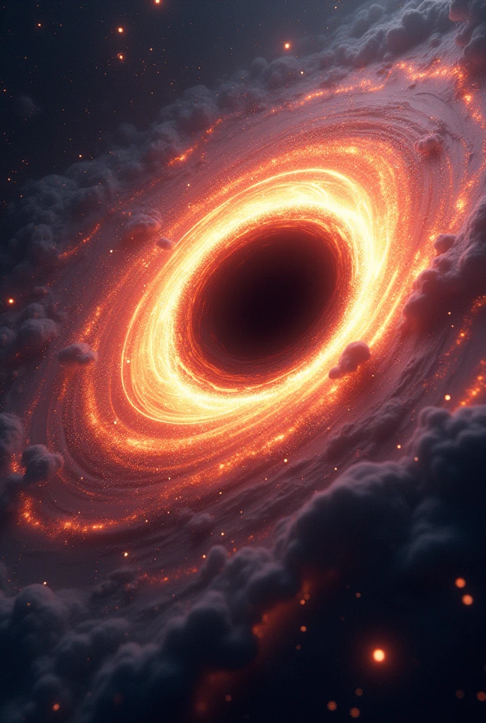- A dark scary black hole in the center, with swirling accretion disk and event horizon
- Radiant, glowing particles (representing Hawking radiation) escaping from the black hole's poles
- A starry night sky or cosmic background in the surroundings
- Incorporate vibrant colors to represent the energy and radiation
- Add some visual effects to convey the dynamic, energetic process of Hawking radiation"