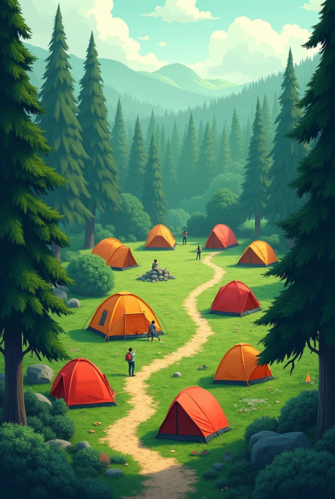 create a flyer design that contains a forest reforestation background and lots of camping tents