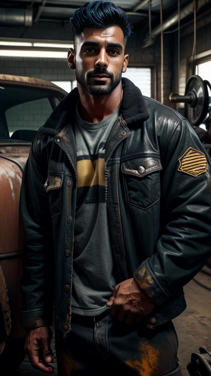 28 years old Vik Reddy car mechanic color body weared dirty mechanic tool jacket black grease stains on face and jacket