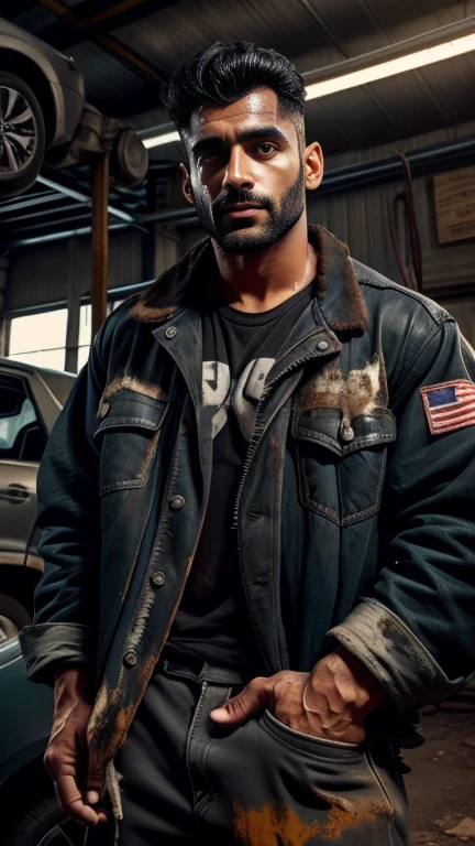 28 years old Vik Reddy car mechanic color body weared dirty mechanic tool jacket black grease stains on face and jacket