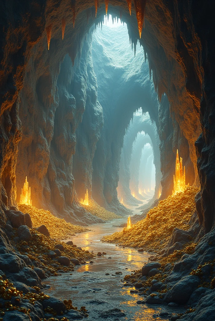 cavernous interior with shimmering treasure piles, glowing crystals, and intricate stalactites hanging from the ceiling.