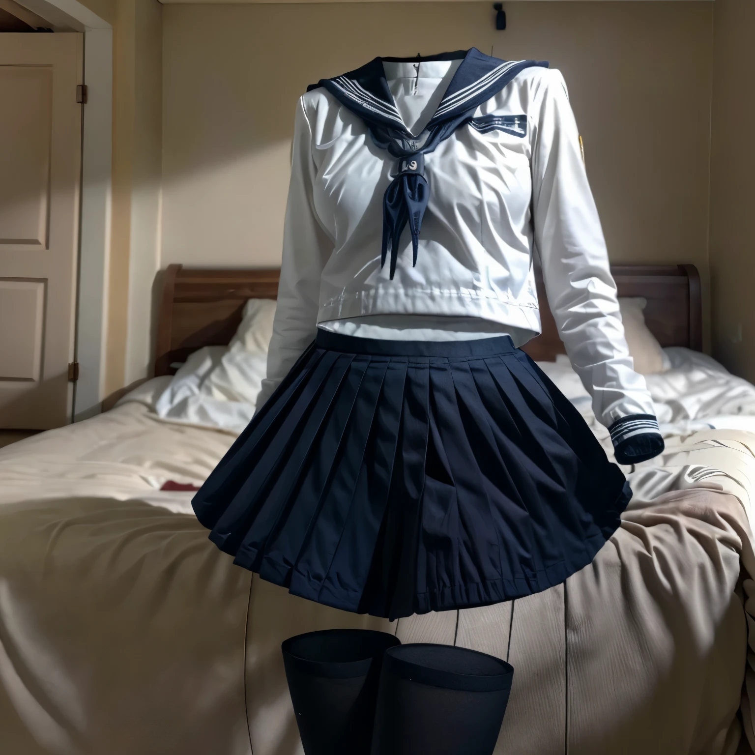 (invisible, no humans:1.5, headless:1.5, handless, legless), grey skirt, long sleeves, neck ribbon, red ribbon, ribbon, sailor collar, school uniform, skirt, white sailor collar, (cute big breast), on bed, black tights,
(8k, RAW photo, best quality, masterpiece:1.2), (realistic, photo-realistic:1.37),photon mapping, radiosity, ((Hasselblad photography)),physically-based rendering,