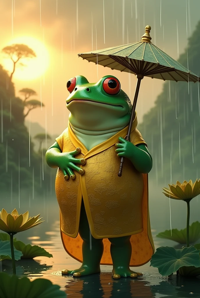 A fat green tree frog,Wearing a golden Chinese dress,Ultra-realistic,high resolution,Standing with a lotus leaf umbrella,It is raining in the background,The background is the hilltop at sunset,
