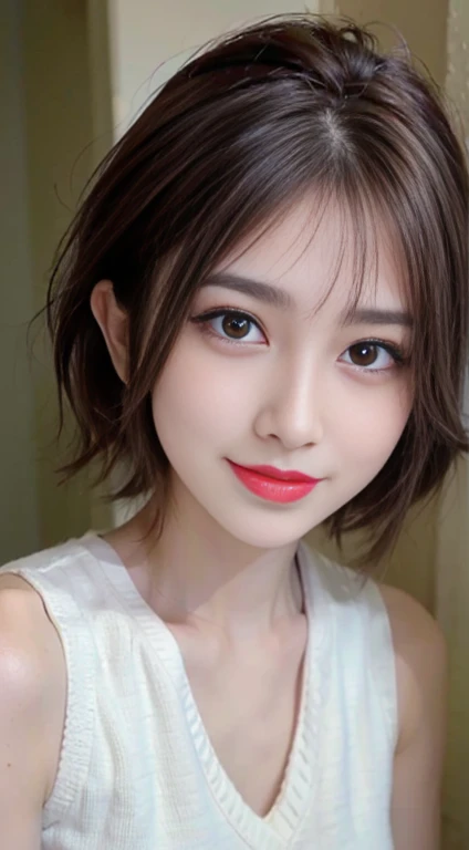 blush a little and smile, (Top quality masterpiece:1.2) Delicate illustrations, Very detailed, /Beautiful Japanese Women、1 person,Very cute and slim、Great style 、((8k images、super high quality))、Very delicate face, Skin and Hair、Big Breasts、beautifule forehead、Red lipstick、(((((short hair、Brown Hair、lure))))),Very cute Japanese cut face、Eyes and nose are clearly visible、Kind eyes,((((White sleeveless fashion))))